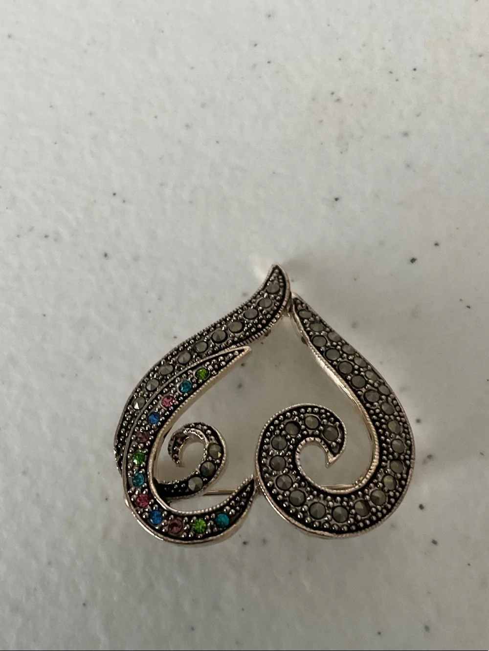 Silver-Tone Heart-Shaped Marcasite and Multi-Stone Brooch